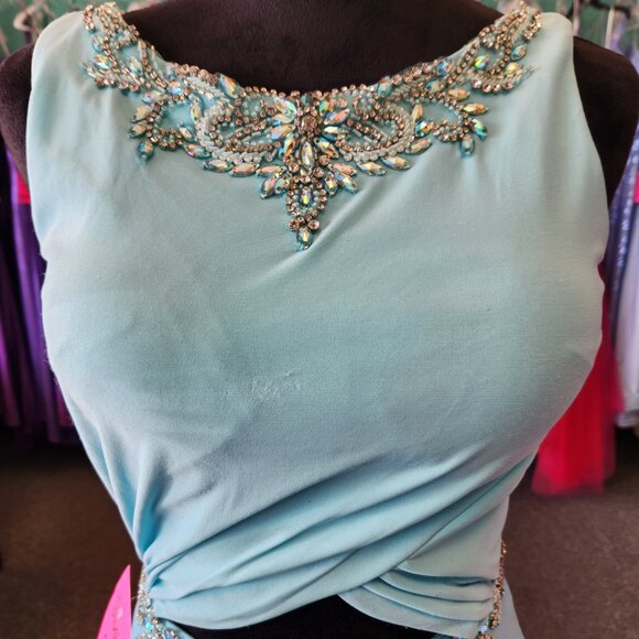 Envious 17119 Size 6 Aqua/Ivory Jersey Knit Print Prom Dress Evening Formal - Picture 2 of 9